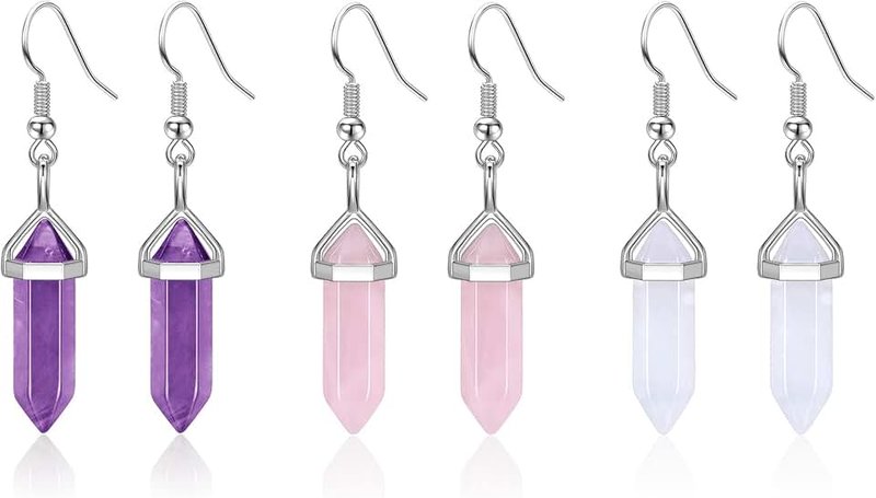 Jovivi 3Pairs Healing Crystal Hexagonal Points Drop Dangle Earrings Set Natural Amethyst Rose Quartz Stone Earrings for Women Girls Chakra Gemstone Reiki Jewelry