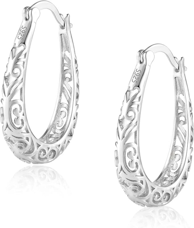 ALEXCRAFT 925 Sterling Silver Post Filigree Hoop Earrings for Women Hollow Oval Hoop Earrings Hypoallergenic U Shaped Hoops Earring for Jewelry Gifts
