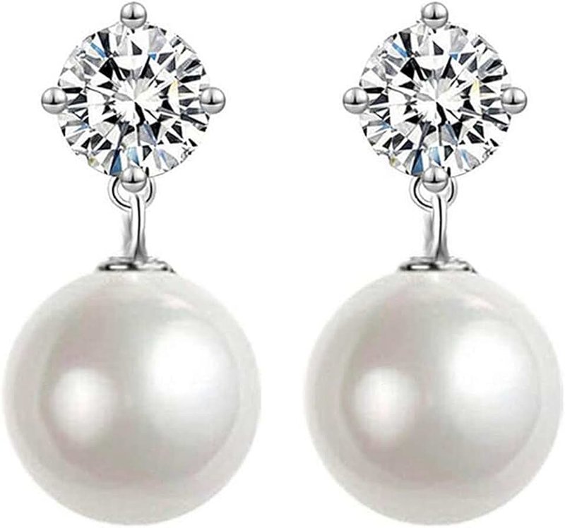 EVELYN Pearl Earrings for Women, 925 Sterling Silver with Austrian Crystals Diamond Stud Pearl Drop Earrings, Fine Jewelry Gifts for Women, Cubic Zirconia Shell Pearl, Austrian Crystals