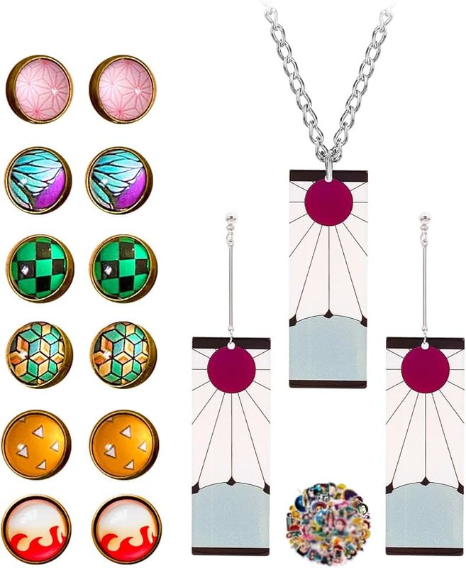 YouU TFYU Demon S. Earrings Set Kimetsu No Yaiba Rengoku Mitsuri Necklace Tanjir.o Ear Studs with Anime Stickers 33 pcs