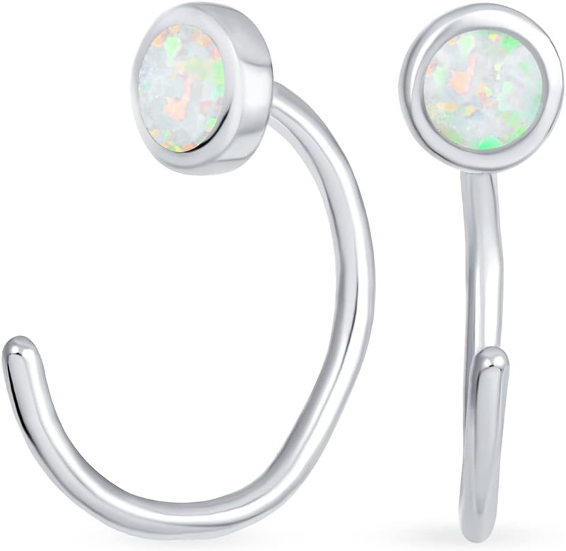 Minimalist Round White Gemstone Created Opal Huggie Geometric Non-Piercing Helix Cartilage Conch Bezel Band Wrap Ear Cuff Earrings For Women Teens .925 Sterling Silver