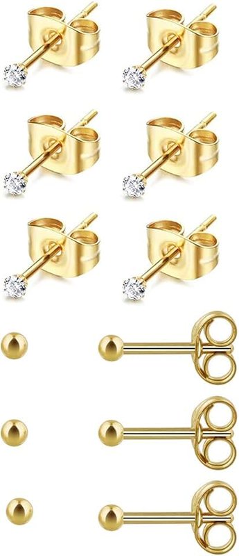 Hayfunaa 14K Gold Plated Surgical Steel Tiny Stud Earrings Set - 20G Cartilage Helix Earlobes Multiple Piercing Jewelry Hypoallergenic, Pack of 6 Pairs (Cubic Zirconia, Pearl, Ball)