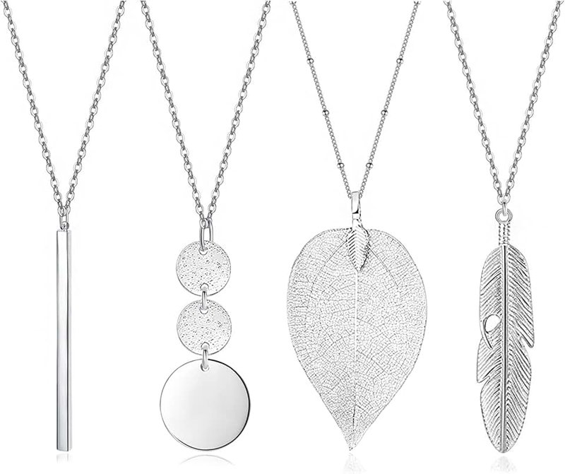 YQZIYOU Long Necklaces for Women - Fashion Pendant Necklace Jewelry, Silver Bar Feather Circle Leaf Lock Tassel Y Necklace Jewelry Set for Girls