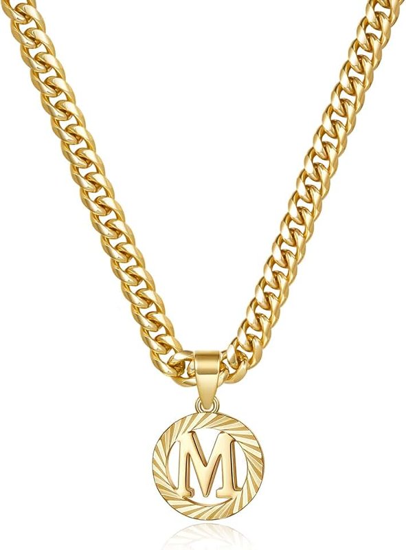 KissYan Gold Initial Necklace,14K Gold Plated Round Letter Pendant Hollow Capital Monogram 5mm Cuban Chain Necklace Alhpabets from A-Z Dainty Jewelry for Women Men, Stainless Steel, Cubic Zirconia