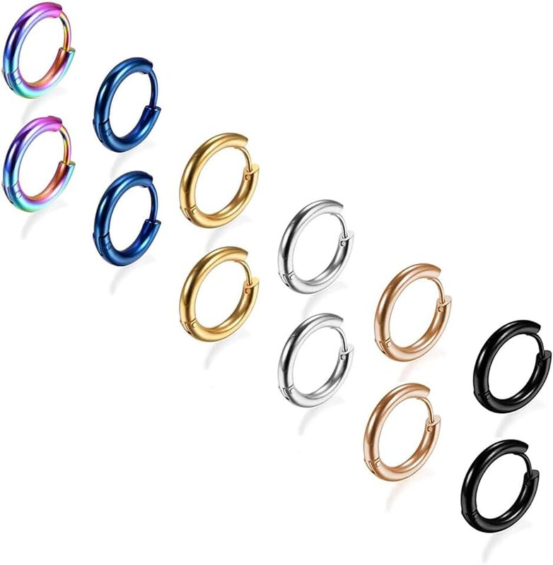 Krstudent 6 Pairs Titanium Steel Hoop Earrings for Men Women, Huggie Loop Hypoallergenic Cartilage Piercing Earrings Set 12MM