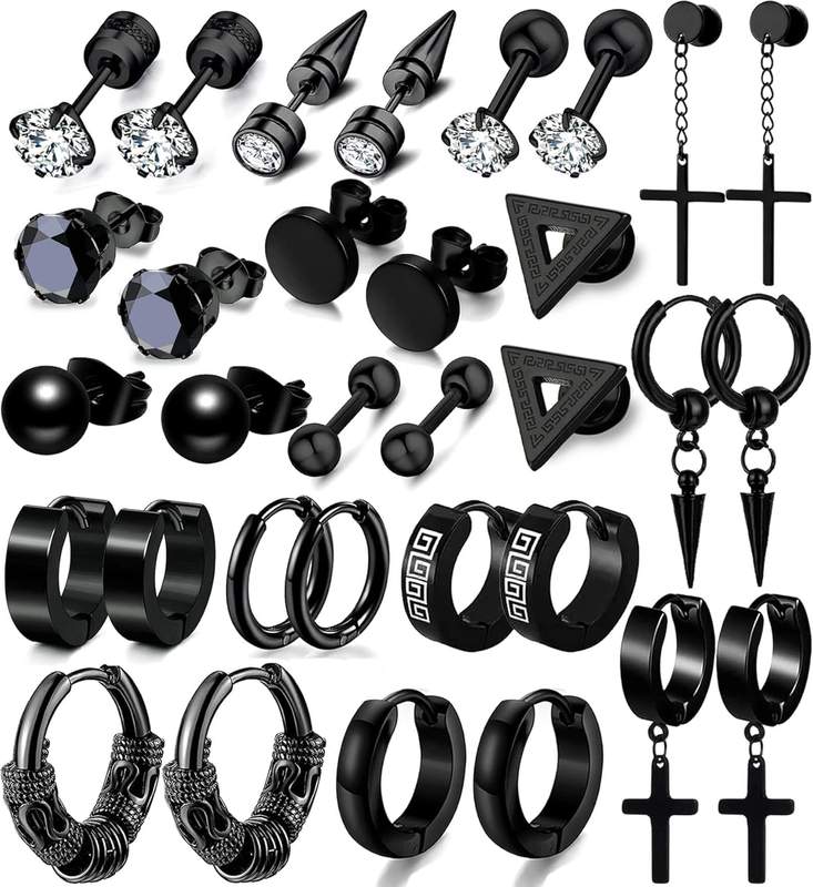 Weaphine 16 Pairs Men Earrings Set - Black Stainless Steel Cross Dangle Hoop & Ear Stud Fashion Piercing Jewelry for Birthdays, Parties & More