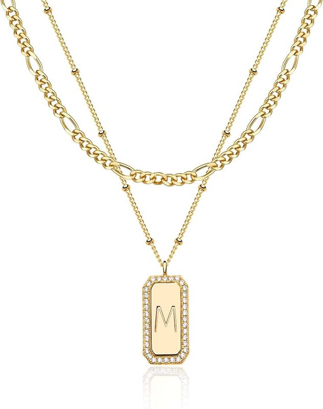 TONTMY STUDIOS Gold Initial Necklace for Women 14K Gold Plated Figaro Chain Choker Layered Necklaces Set Bar Rectangle Pendant Necklaces Simple Dainty Letter Necklace Everyday Gold Jewelry