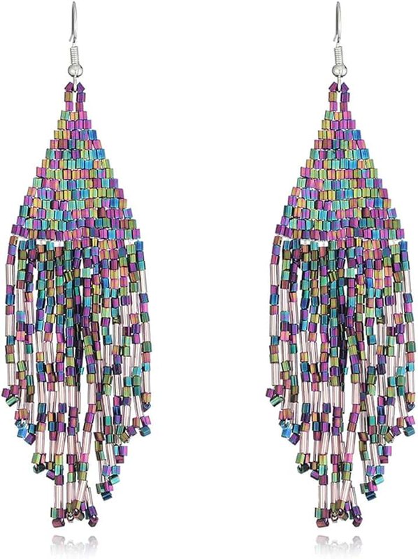 Uarein Color Boho Rice Beads Tassel Earrings.Multicolor Long Beaded Dangle Earrings Handmade Woven Drop Earrings Jewelry Gifts for Women