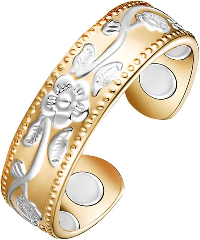 Vicmag Copper Magnetic Ring for Women Men Magnet Therapy for Arthritis Pain Relief Ladies Fingers Thumb Adjustable 100% Solid Pure Copper Healing Jewelry Gift (Vintage Flower) (Gold Silver)