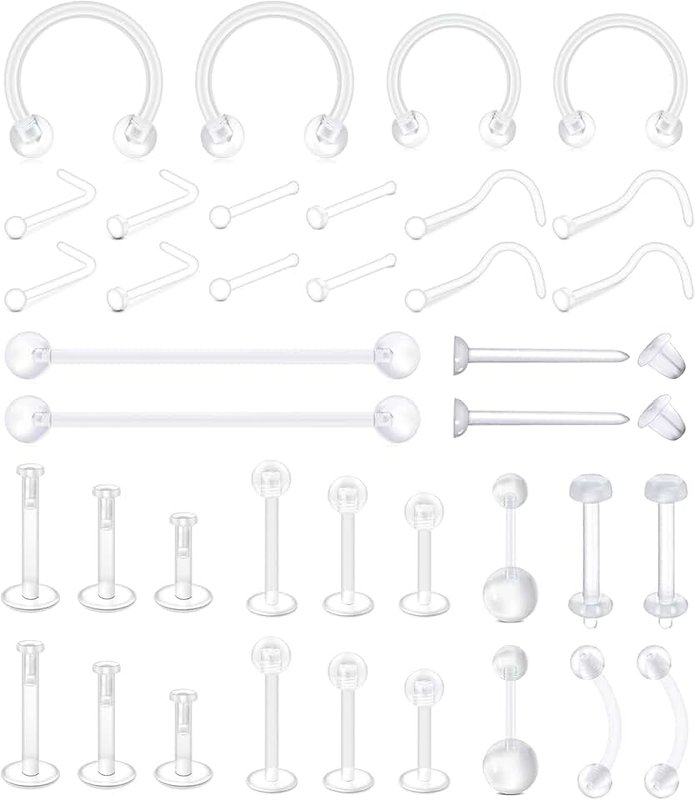 Mayhoop 38pcs Clear Piercing Retainers for Surgery Bioflex Nose Rings Belly Rings Septum Eyebrow Lip Cartilage Tragus Earring Retainer Industrial Bar Plastic Piercing Jewelry for Work