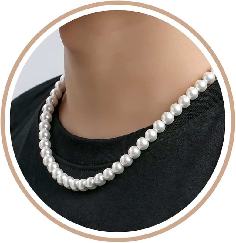 P. BLAKE Pearl Necklace for Men 8mm White Mens Pearl Choker Necklace Trendy Jewelry Gifts for Men Women