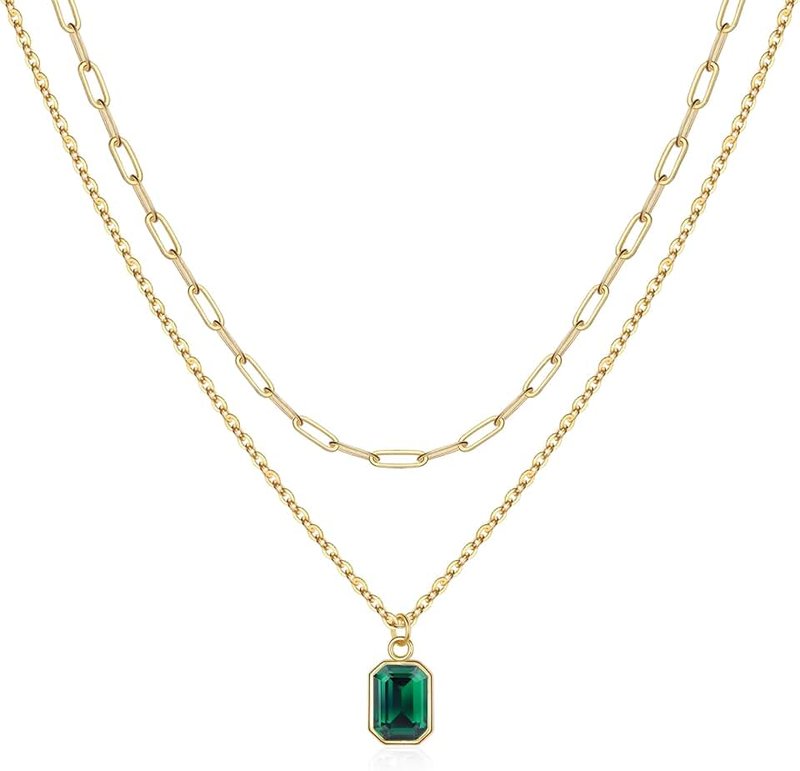 Vrsilver Layered Birthstone Necklace for Women Girls, Gold Silver Rose Gold Plated Layered Paperclip Chain Choker Necklace with Rectangle Birthstone Pendant Birthday Gifts for Women Girls Jewelry
