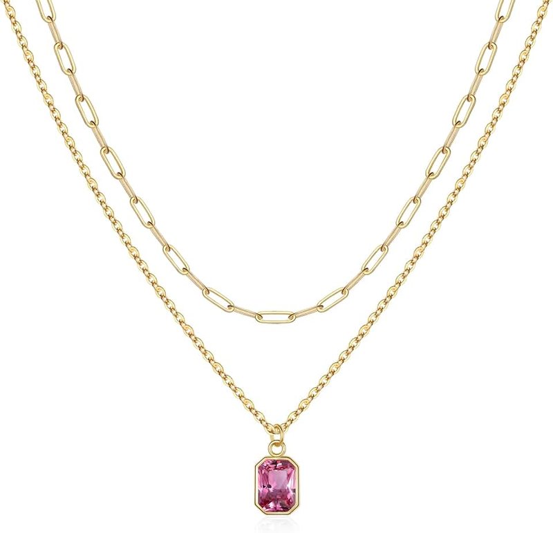 Vrsilver Layered Birthstone Necklace for Women Girls, Gold Silver Rose Gold Plated Layered Paperclip Chain Choker Necklace with Rectangle Birthstone Pendant Birthday Gifts for Women Girls Jewelry