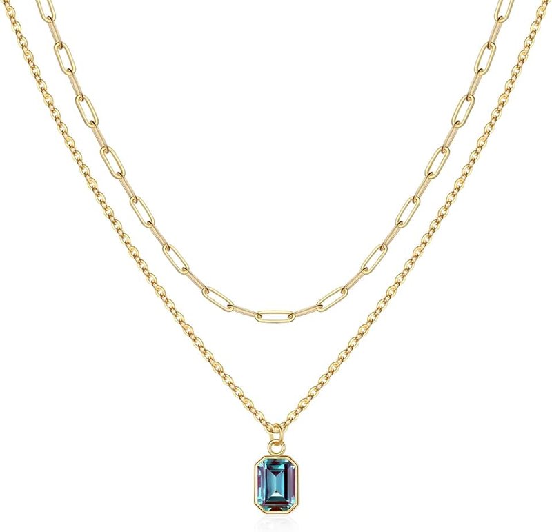 Vrsilver Layered Birthstone Necklace for Women Girls, Gold Silver Rose Gold Plated Layered Paperclip Chain Choker Necklace with Rectangle Birthstone Pendant Birthday Gifts for Women Girls Jewelry