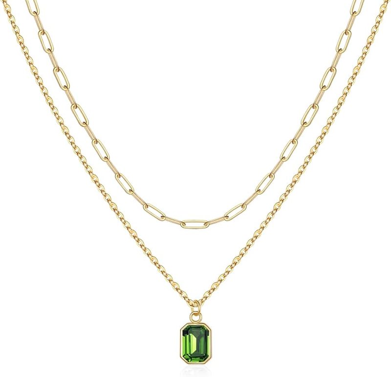 Vrsilver Layered Birthstone Necklace for Women Girls, Gold Silver Rose Gold Plated Layered Paperclip Chain Choker Necklace with Rectangle Birthstone Pendant Birthday Gifts for Women Girls Jewelry