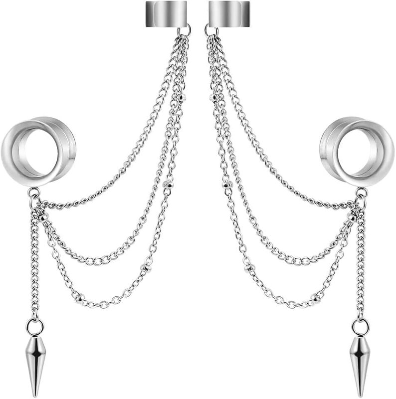 LADEMAYH Ear Cuff Chain Plug Tunnels Gauge Stainless Steel Non-Piercing Adjustable Cartilage Clip On Wrap Tassel Body Jewelry