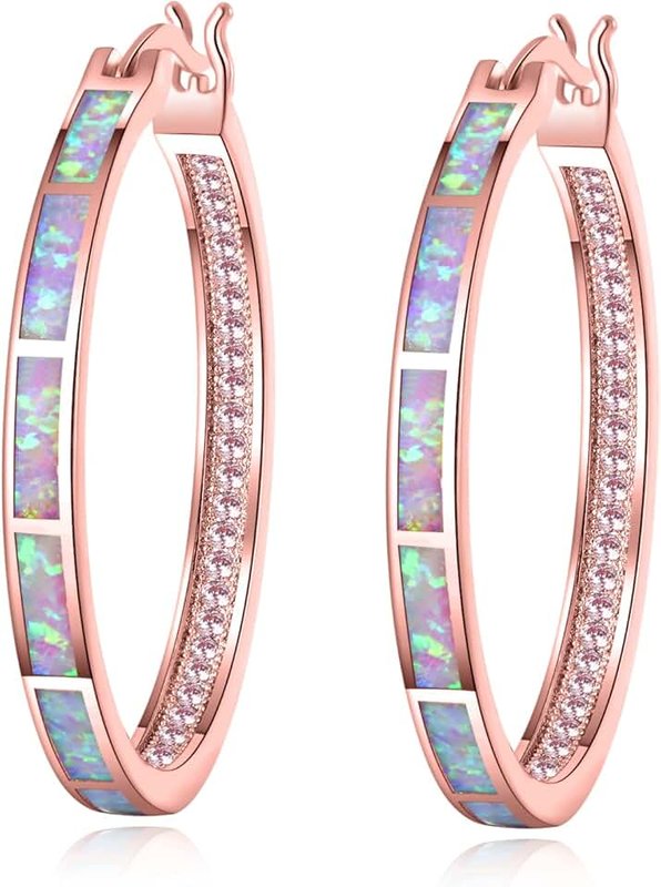 CiNily Opal Hoop Earrings,Women Jewelry Rhodium Plated/Rose Gold or Yellow Gold Plated Gemstone Big Hoop Earrings 32mm