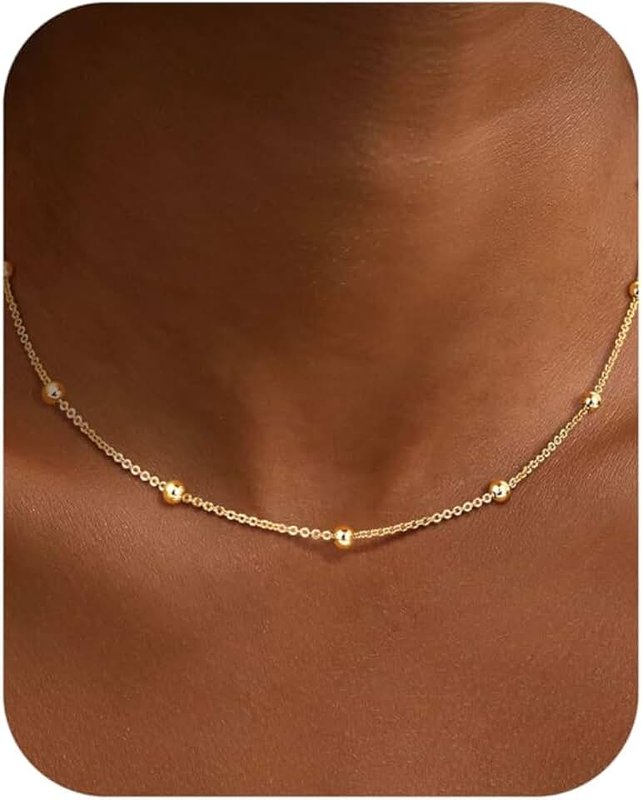 MJartoria Dainty Choker Necklace for Women 14K Gold Plated Diamond Chain Choker Necklace Trendy Minimalist Satellite Bead Choker Jewelry Gifts for Girls