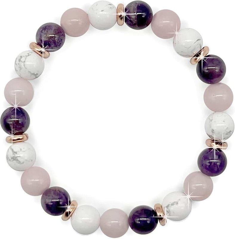 Georgiadis { Georgiadis } - 8mm Bead Amethyst, Rose Quartz and Howlite Real Natural Genuine Stones with 18K Gold Plating, Beautiful Gemstone Beads each with unique Healing and Spiritual Properties, Birthday, Gift, Bracelet for Women, Purple, Pink and White