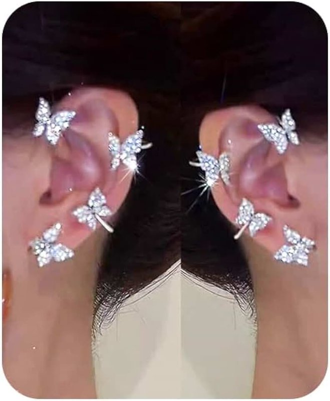 YRlilicc 2Pcs Glitter Rhinestone Butterfly Ear Cuff Vintage Non-Piercing Fake Earrings Bridal Wedding Climber Ear Wrap Prom Ball Ear Jewelry for Women Girls