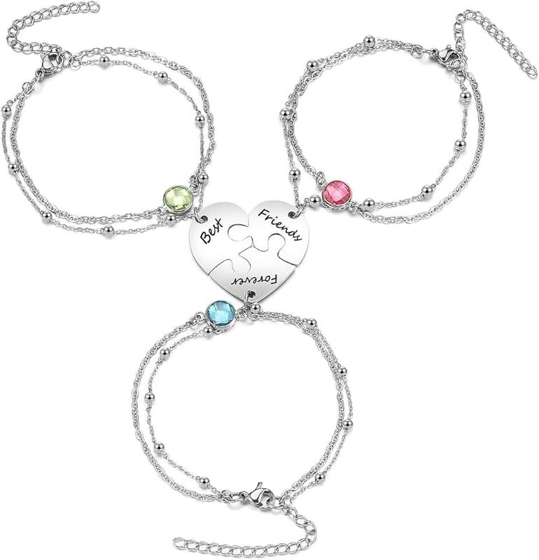 BOPREINA 3/4 Pcs Puzzle Piece Bracelet Set for Family Best Friend Stainless Steel Best Friends Forever Anklet Bracelet BFF Matching Heart Pendant Friendship Jewelry for Women