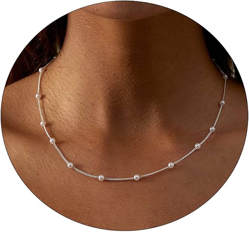 CAROVO Dainty Pearl Pendant Necklaces for Women 14k Gold Plated Barque Pearl Chain Necklace Delicate Handmade Cultured Pearl Necklace Everyday Jewelry for Gifts