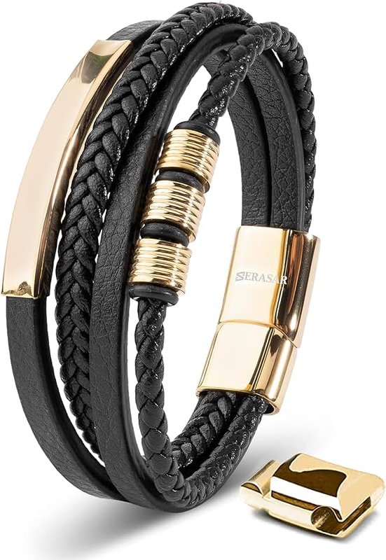 SERASAR Premium Leather Bracelet for Men [Brave] - Magnetic Stainless Steel Clasp in Black, Silver and Gold - With Jewelry Box - Great Idea