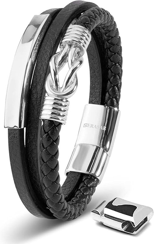 SERASAR Premium Leather Bracelet for Men [Proud] - Magnetic Stainless Steel Clasp in Black, Silver and Gold - With Jewelry Box - Great Idea