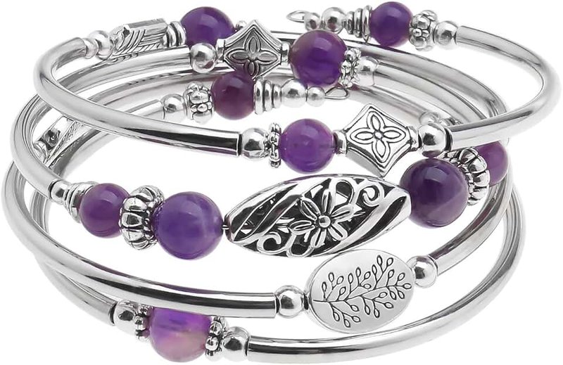 SING F LTD Layered Bohemian Bracelets Natural Stone Beaded Chakra Bangle Bracelet Silver Layered Wrap Bracelet Fashion Jewellery Gifts for Women Ladies Friends