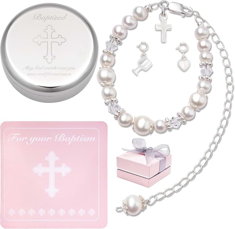 Tryuunion Tryuunion Baptism Bracelet in Sterling Silver and Cultured Pearls for Baby Girls, Comes with a Unique Silver-plated Jewelry Keepsake Box, Christening and Baptism Gifts For Girl,Includes 3 Charms