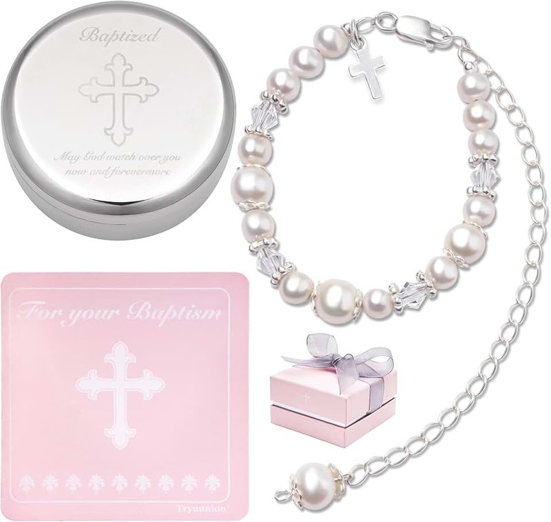 Tryuunion Tryuunion Sterling Silver and Cultured Pearl Baptism Bracelet for Baby Girls With Silver-Plated Jewelry Keepsake Box - Great Catholic Christening Gift
