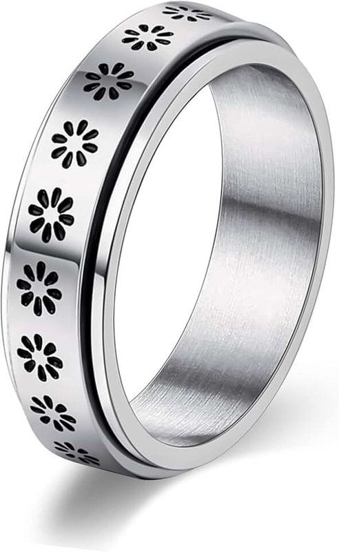 Lian Spinner Rings for Women Men Fidget Rings Moon Star Flower Stainless Steel Ring Couple Rings Wedding Promise Rings Valentine's Day Gift(6-11)