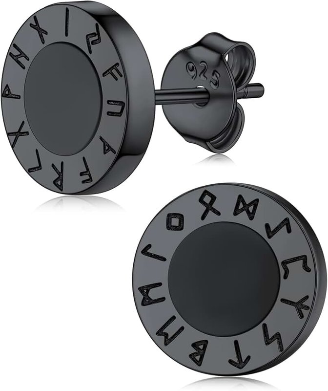 Silvora Sterling Silver Earrings for Women Men Norse Viking Runes Studs Black Onyx Earring Jewelry Comfort Fits