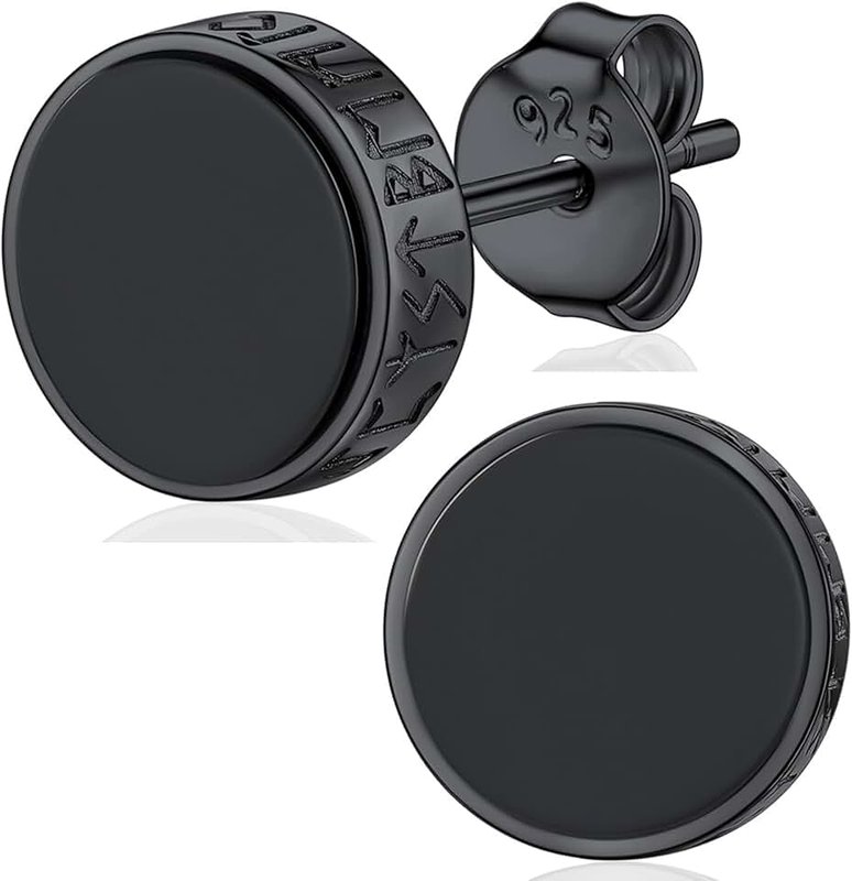 Silvora Sterling Silver Earrings for Women Men Norse Viking Runes Studs Black Onyx Earring Jewelry Comfort Fits