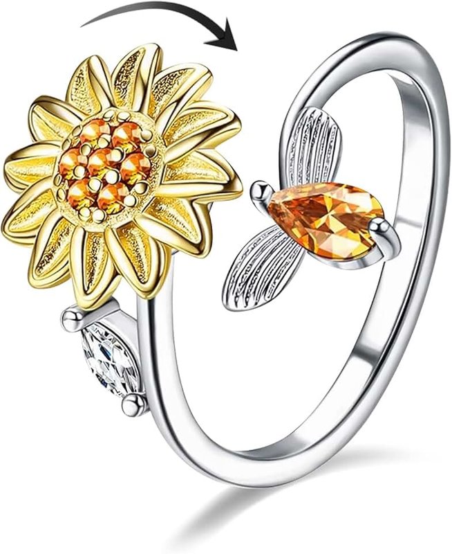 Lian Fidget Anxiety Rings for Women Sunflower Adjustable Open Spinner Ring Fidget Ring Cubic Zirconia Flower Bee Anxiety Stackable Ring Rotatable Calming Worry Meditation Ring