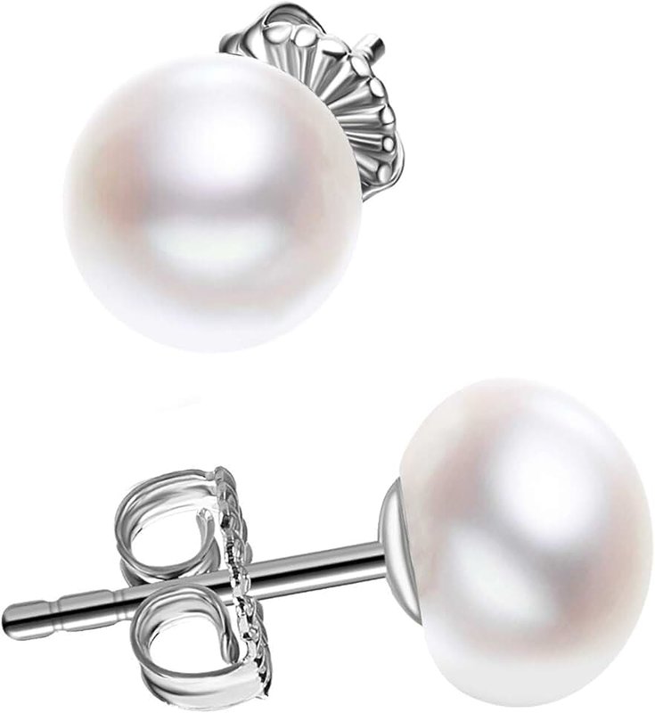 JORA Sterling Silver Freshwater Cultured White Button Pearl Stud Earrings