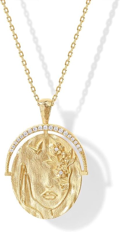 PAVOI 14K Gold Plated Engraved Oval Coin Pendant Necklace for Women | Bohemian Necklace