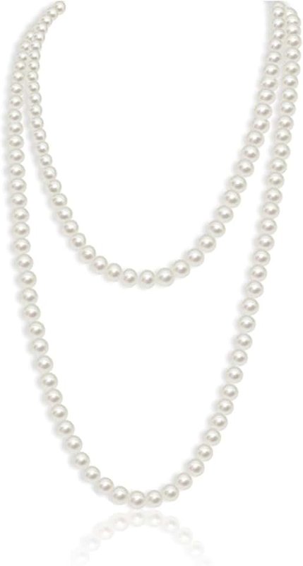 TSHAOUN Long Pearl Necklace, Necklace 1920s Artificial Pearl Necklace Great Gatsby Drop Choker Beads Vintage Fashion Necklace for Brides Wedding Party Accessories,150cm Pearls Necklace