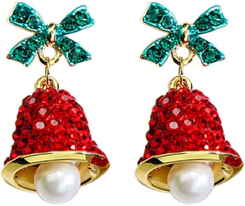 Rrdaily Red Crystal Bell Christmas Hat Earrings Santa Claus Christmas Tree Dangle Earrings Asymmetric Elk Santa Hat Butterfly Bell Christmas Earrings Rhinestone Stud Earrings for Women