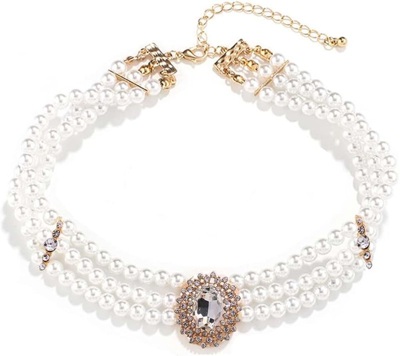 BSLVWG Wedding Suite Beads Choker Necklace 4 Rows Choker Simulated Pearl Rhodium Plated Elegance Charm Women's Necklace Multi Layer Choker Chain Rounds