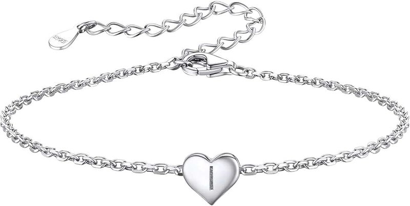 Silvora Initial Bracelet for Women Sterling Silver Heart Charm Bracelets Tiny Letter Pendant Hand Jewellery Adjustable 6.3"+2"