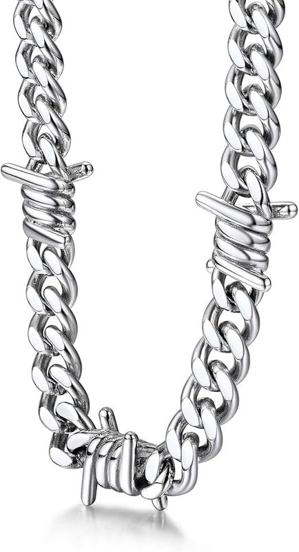 Bestyle Unique 9mm Cuban Link Chain Thorns Choker Necklace Hip-hop Punk Gothic Stainless Steel Heavy Thick Barbed Wire Necklace for Men Women, Length 16/18/20 Inch