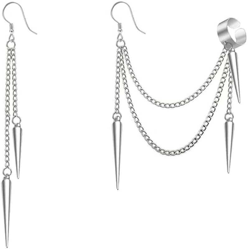 NewZenro Black Spike Asymmetric Threader Drop Dangle Earrings for Women Men Teen Girls Boys Punk Personalized Cartilage No Pierced Cuff Long Chain Fish Hook Piercing Hanging Earrings for Boyfriend Daughter Son