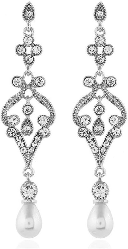 Soyzvteo 1920s Flapper Pearl Earrings Great Gatsby Pearl Tassel Earrings Vintage Cubic Zirconia Art Deco Dangle Earring for Women Wedding Party