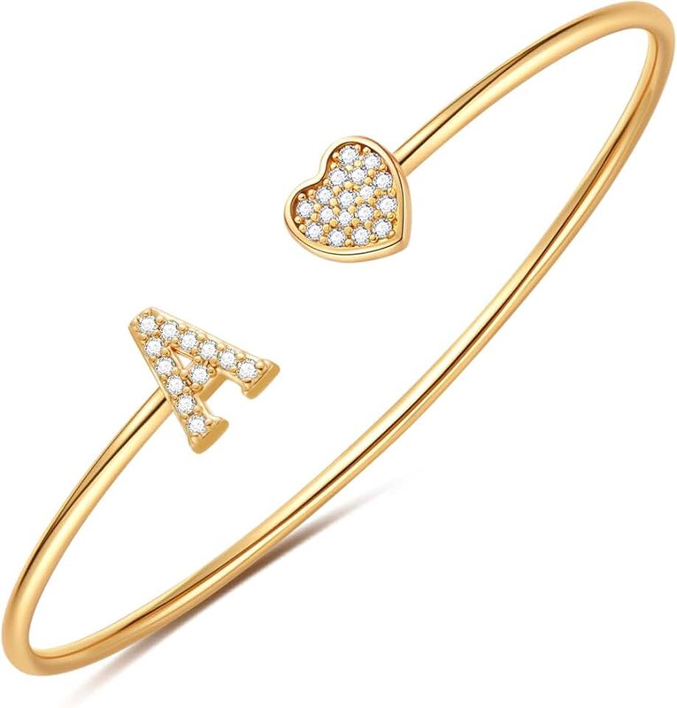 BRIJEWLIC 14K Gold Plated Bangle Bracelets for Women - Heart and Initial Designs for Teen Girls - Dainty Cuff Bracelet - Bridesmaid Gifts Jewelry
