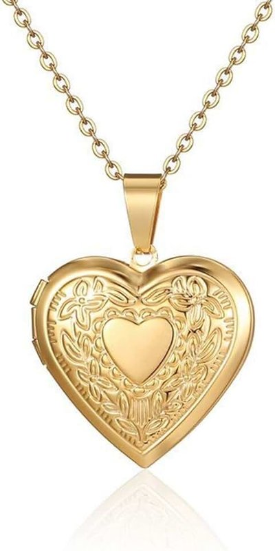 Fuqimanman2020 Vintage Engraved Flower Locket Picture Pendant Necklace Antique Carved Pattern Oval Heart Pendant Necklace For Women Girls Hold Picture Souvenir Memorial Jewelry
