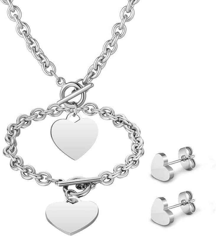 Bucherry 3 Pcs Heart Jewelry Set - Pendant Necklace, Chain Toggle Necklace, Bracelet, Earrings - Love Stainless Steel Link Chain for Women Girl - Christmas Valentine's Day Gift