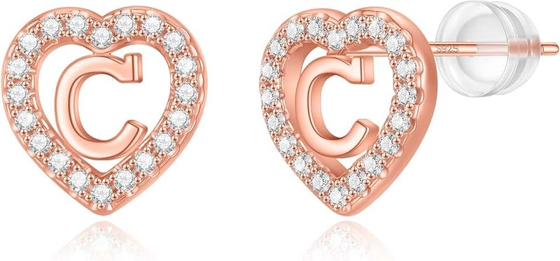 BRIJEWLIC Initial Earrings for Girls Earrings, Silver Earrings/Rose Gold Earrings Sterling Silver Post Heart Initial Earrings for Girls Kids Earrings Baby Earrings Hypoallergenic Earrings for Girls Gifts