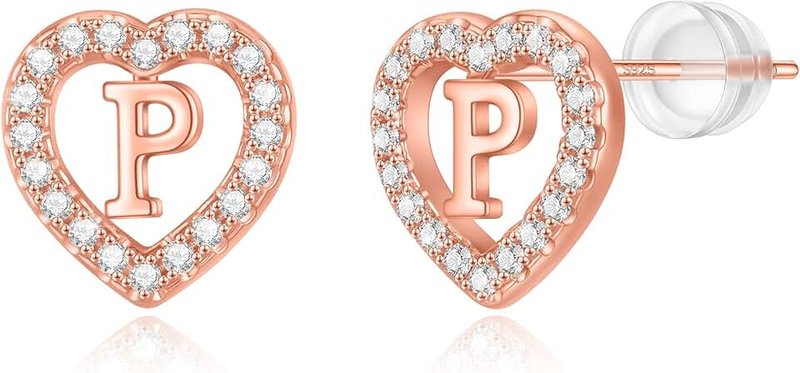 BRIJEWLIC Initial Earrings for Girls Earrings, Silver Earrings/Rose Gold Earrings Sterling Silver Post Heart Initial Earrings for Girls Kids Earrings Baby Earrings Hypoallergenic Earrings for Girls Gifts