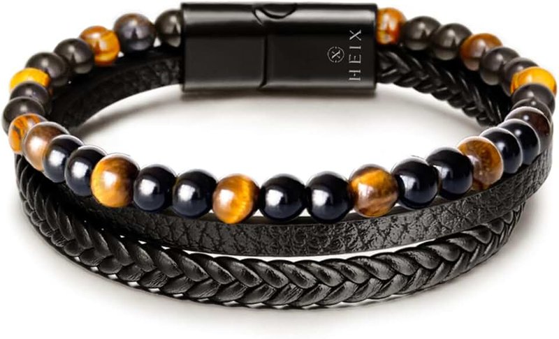 Generic Mens Multilayer Natural Tiger Eye Stone Bead Braised Leather Bracelet Magnetic Stainless Steel Clasp in Black Gift Idea for Men & Boys Jewelry
